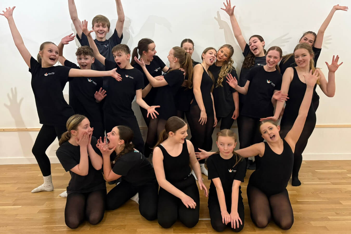 A group of young people dressed in black practicing a group pose
